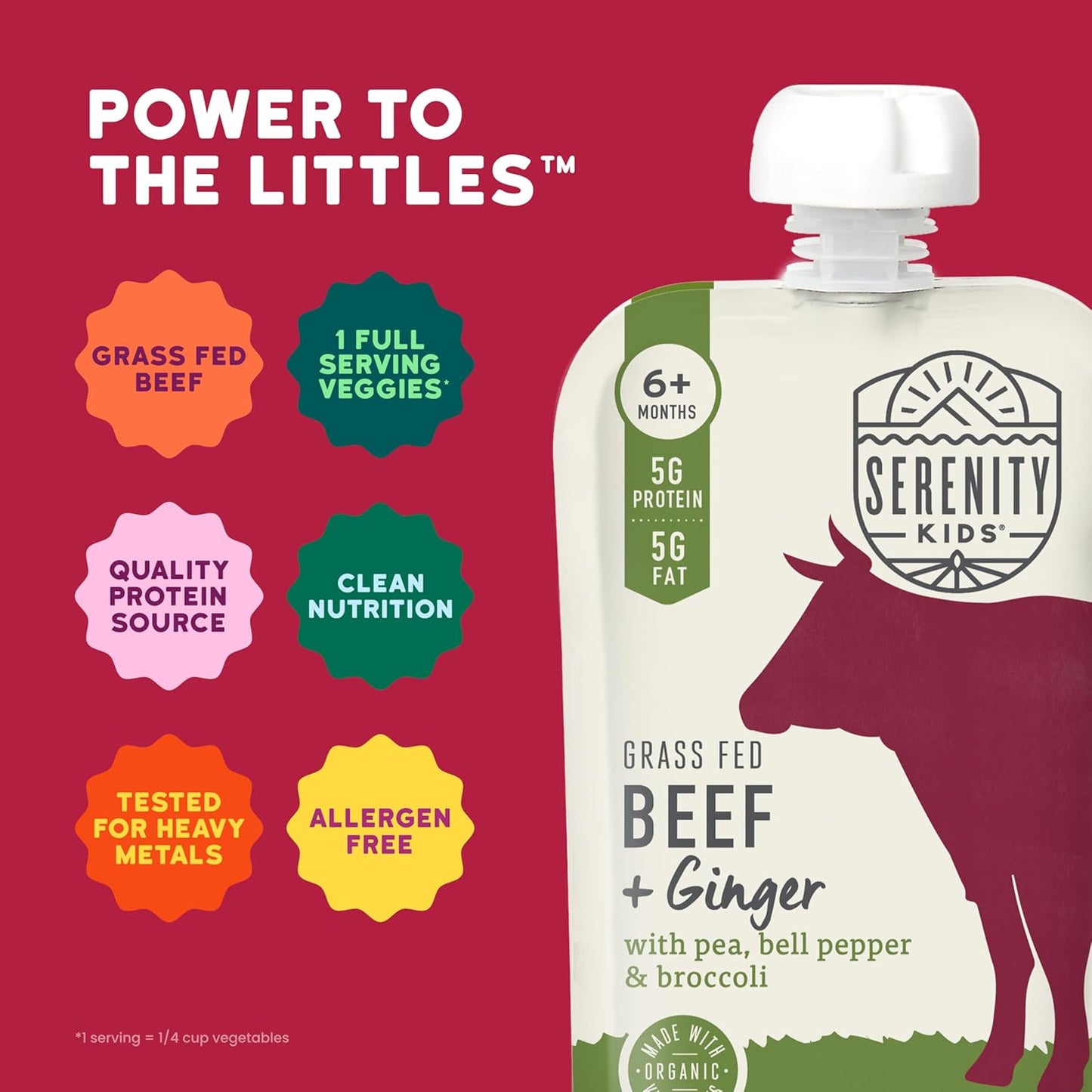 Serenity Kids 6+ Months Beef & Ginger Baby Food Puree Pouches - Grass Fed Beef & Organic Peas, Bell Pepper & Broccoli - No Added Sugar & BPA-Free Pouches - 3.5 Oz, 6 Pack