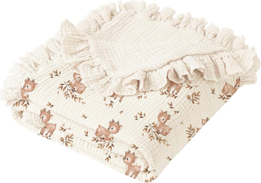 Konssy Flounce Muslin Baby Blankets, Cotton Crib Blanket for Baby Infant Toddler, Super Soft and Lightweight Nursery Blankets 40"x36" (Deer)