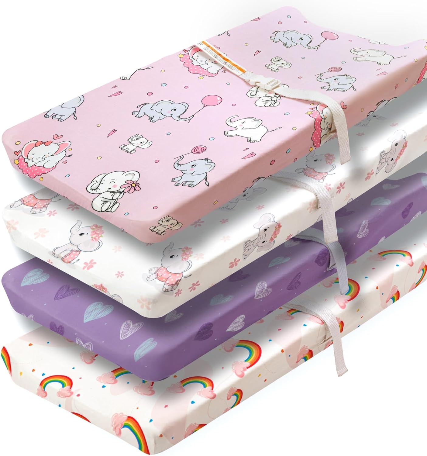 4 Pack Baby Girl Changing Pad Covers Sheets Set Soft Fitted Floral or Elephant Theme Baby Girl Mattress Covers Breathable Toddler Bed Sheets for Infant or Newborn Girls (Elephant, Changing Pad Covers)