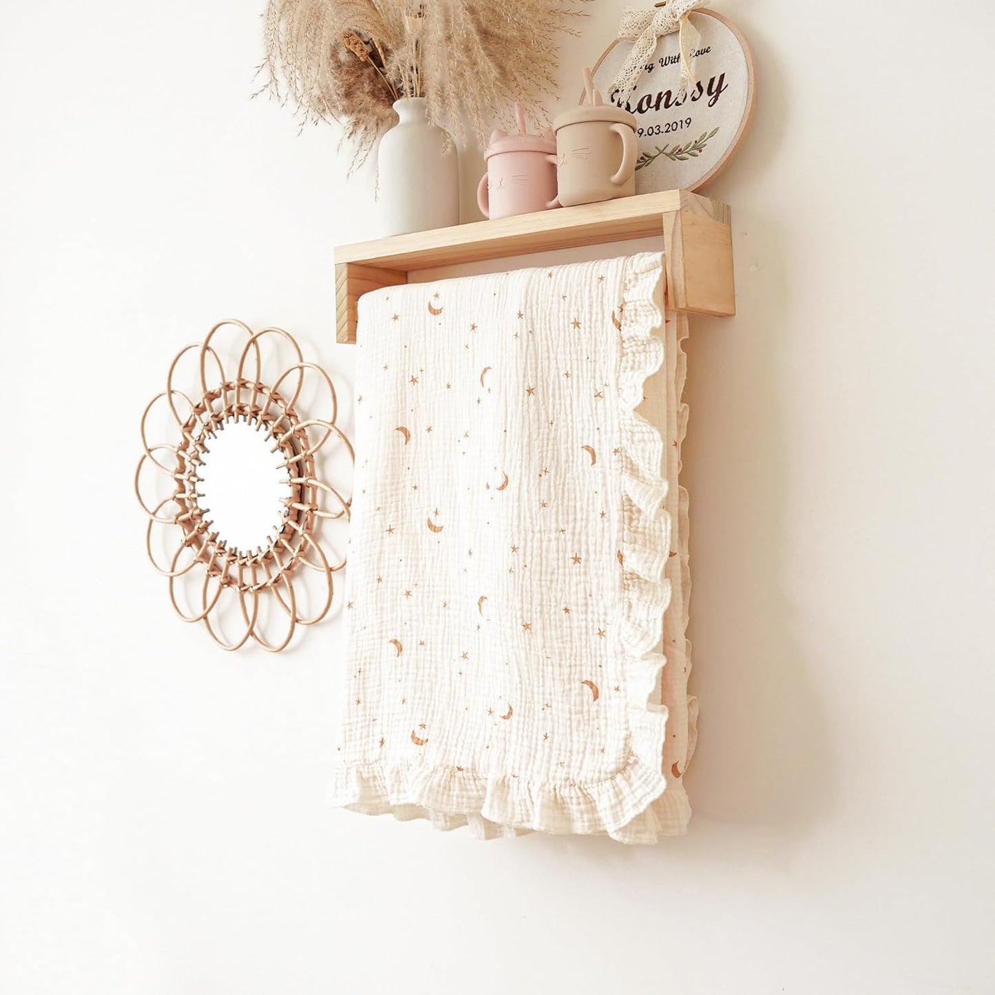 Konssy Flounce Muslin Baby Blankets, Cotton Crib Blanket for Baby Infant Toddler, Super Soft and Lightweight Nursery Blankets 40"x36" (Moon)