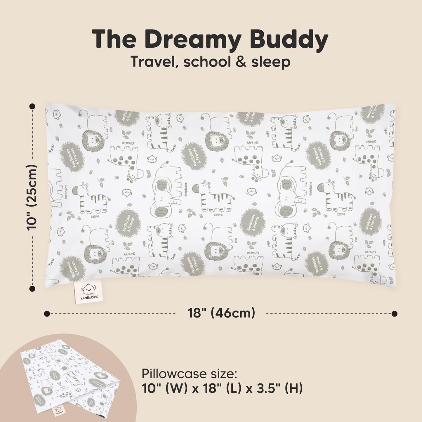 Toddler Pillow with Pillowcase - 10x18 My Little Dreamy Kids Travel Bed Pillows for Sleeping, Organic Cotton Small Pillowcase, Soft & Breathable, Machine Washable, Toddlers 2-5 Years Old (KeaSafari)