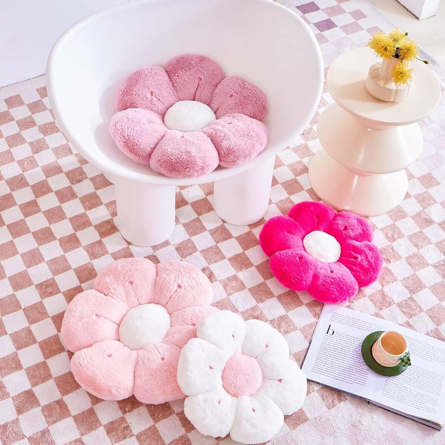 Flower Pillow, Cute Flower Shaped Decorative Pillow, Soft Rabbit Fur Daisy Pillow Home Decor Floor Seating Cushion for Bedroom Living Room (Hot Pink 19.6 Inch)