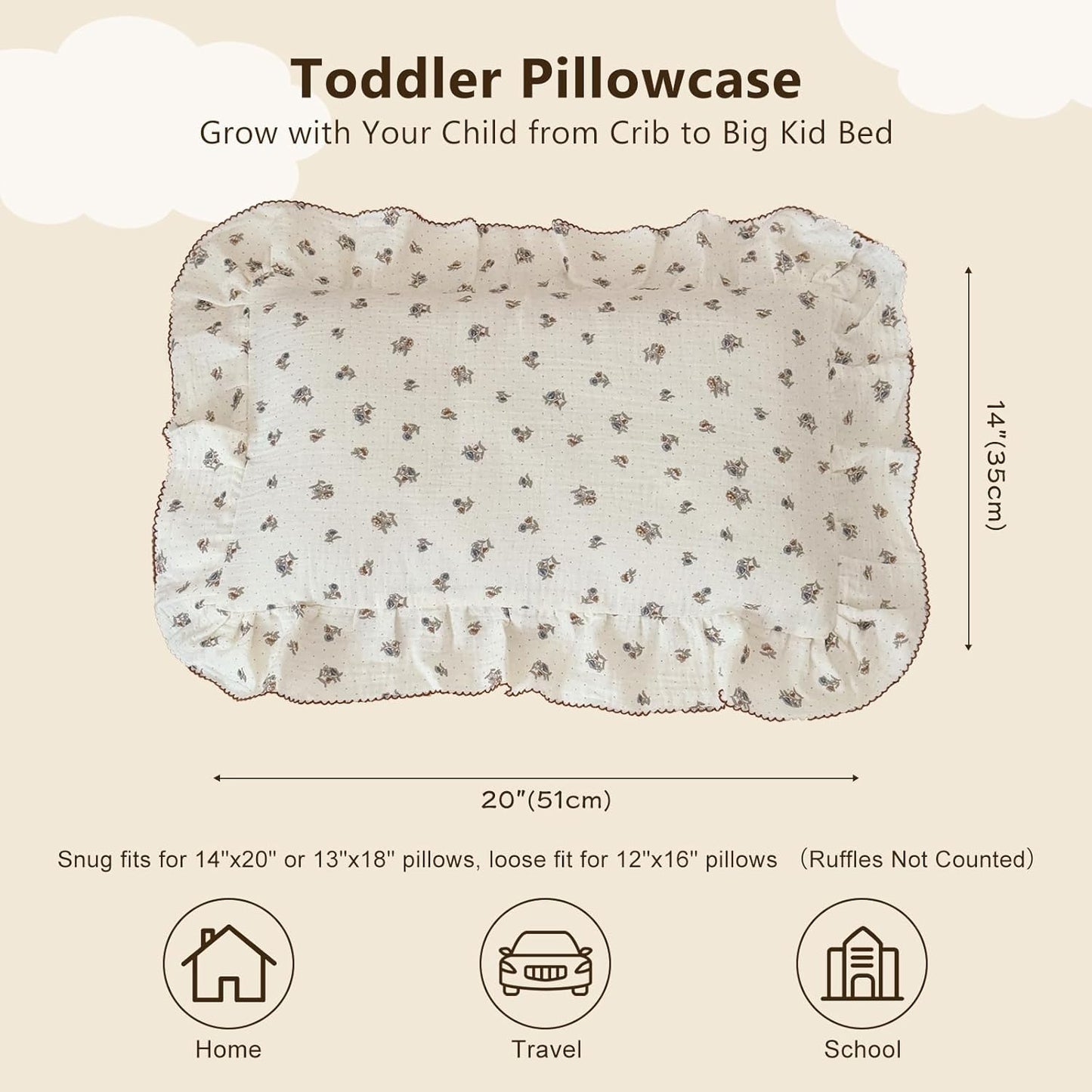 BuLuTu Crib Size Toddler Pillowcase 1 pc, 14"x20", Oeko-TEX Certified 100% Cotton Gauze Pillow Cases for Girls Boys Sensitive Skin, Pansy Floral Print with Dots Pillow Cover, Soft Breathable