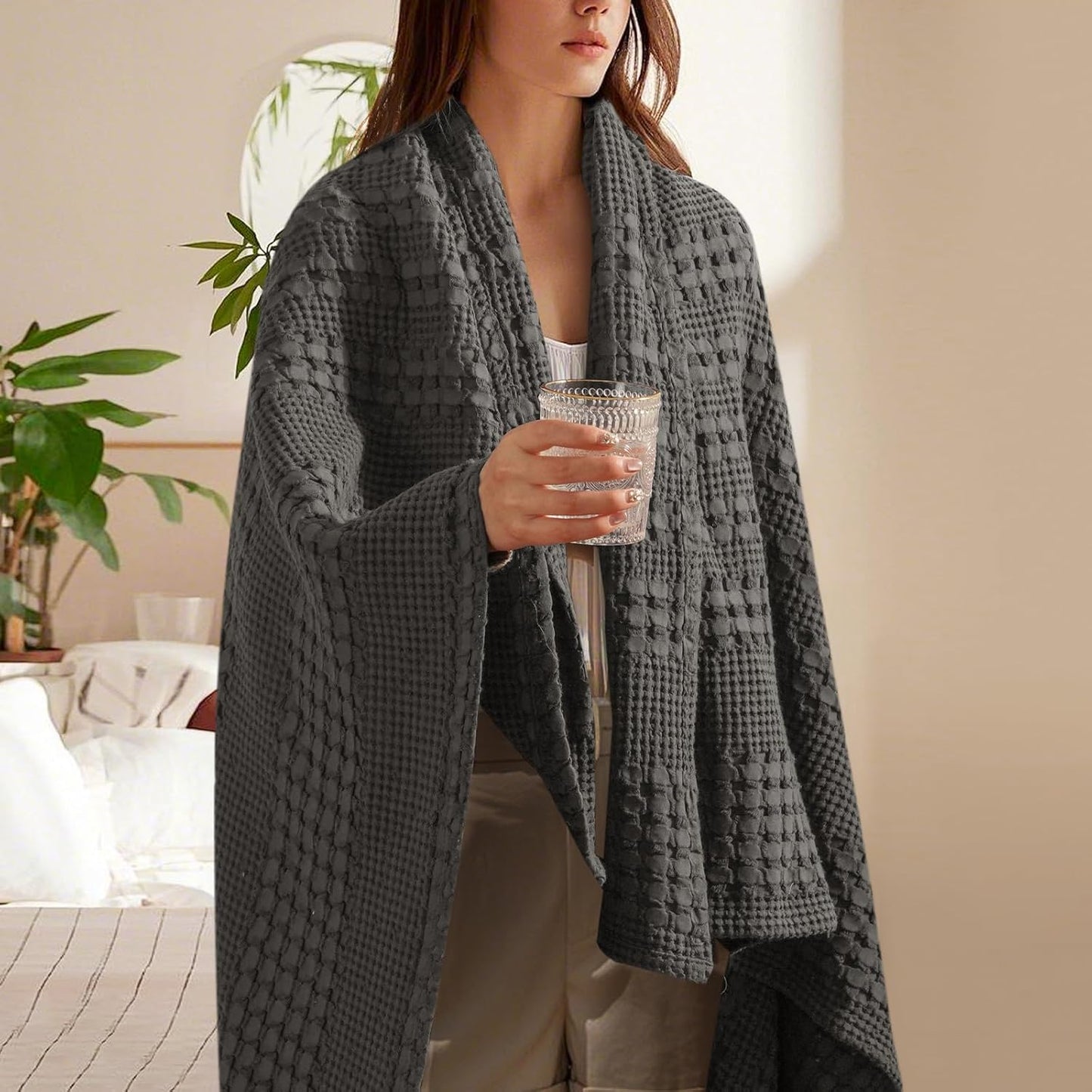 PHF 100% Cotton Waffle Weave Throw Blanket, Soft Lightweight Breathable Cozy Summer Throws for Couch Bed Sofa, Luxury Aesthetic Woven Blanket for Home Decor & Office, 50"x60", Charcoal Grey