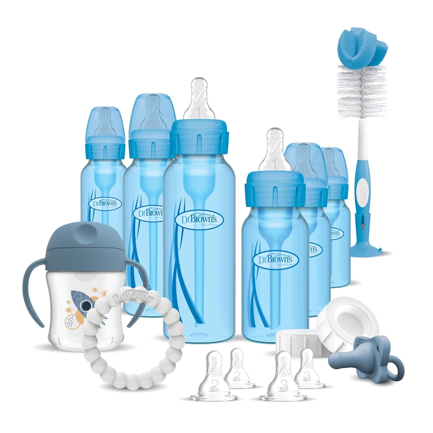 Dr. Brown's Natural Flow Anti-Colic Options+ Special Edition Blue Baby Bottle Gift Set with Soft Sippy Spout Transition Cup, Flexees Teether, Bottle Cleaning Brush and Travel Caps
