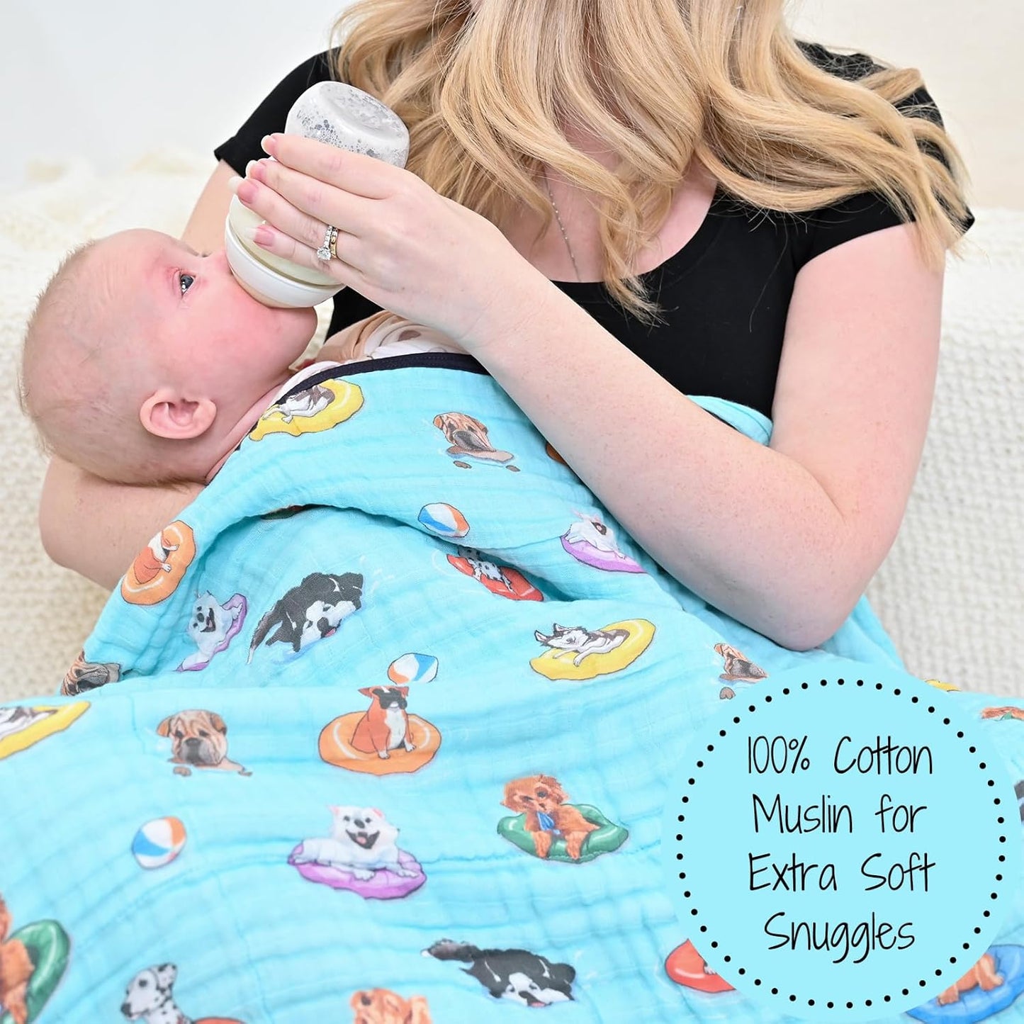 LollyBanks Muslin Blanket 100% Organic Cotton, Summer Muslin Quilt Lightweight, 6 Layers Baby Blankets 47"x 47", Toddler Blanket for Boy and Girl, Nursery Receiving Blankets (Swimming Dogs Print)