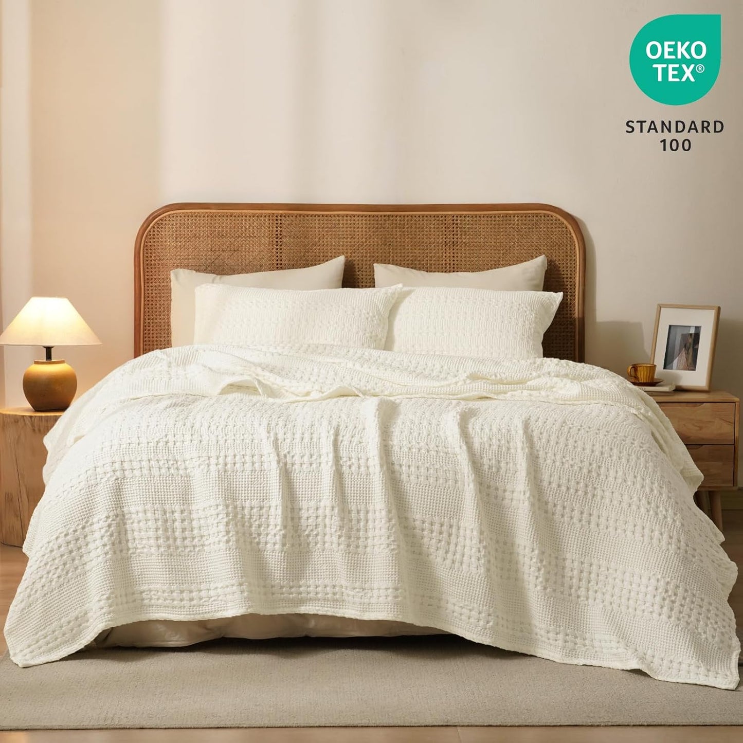 PHF 100% Cotton Waffle Weave Blanket Queen Size, Soft Lightweight Breathable Cozy Summer Blankets for Bed, Luxury Aesthetic Woven Bedding for Home Decor, 90"x90", Cannoli Cream