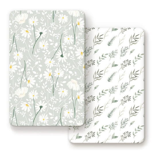 GRSSDER Stretchy Ultra Soft Jersey Knit Fitted Pack n Play Sheets Set 2 Pack, Universal Fitted Portable Pack and Play/Mini Cribs Sheets for Girls, Stylish Watercolor Daisy Flower