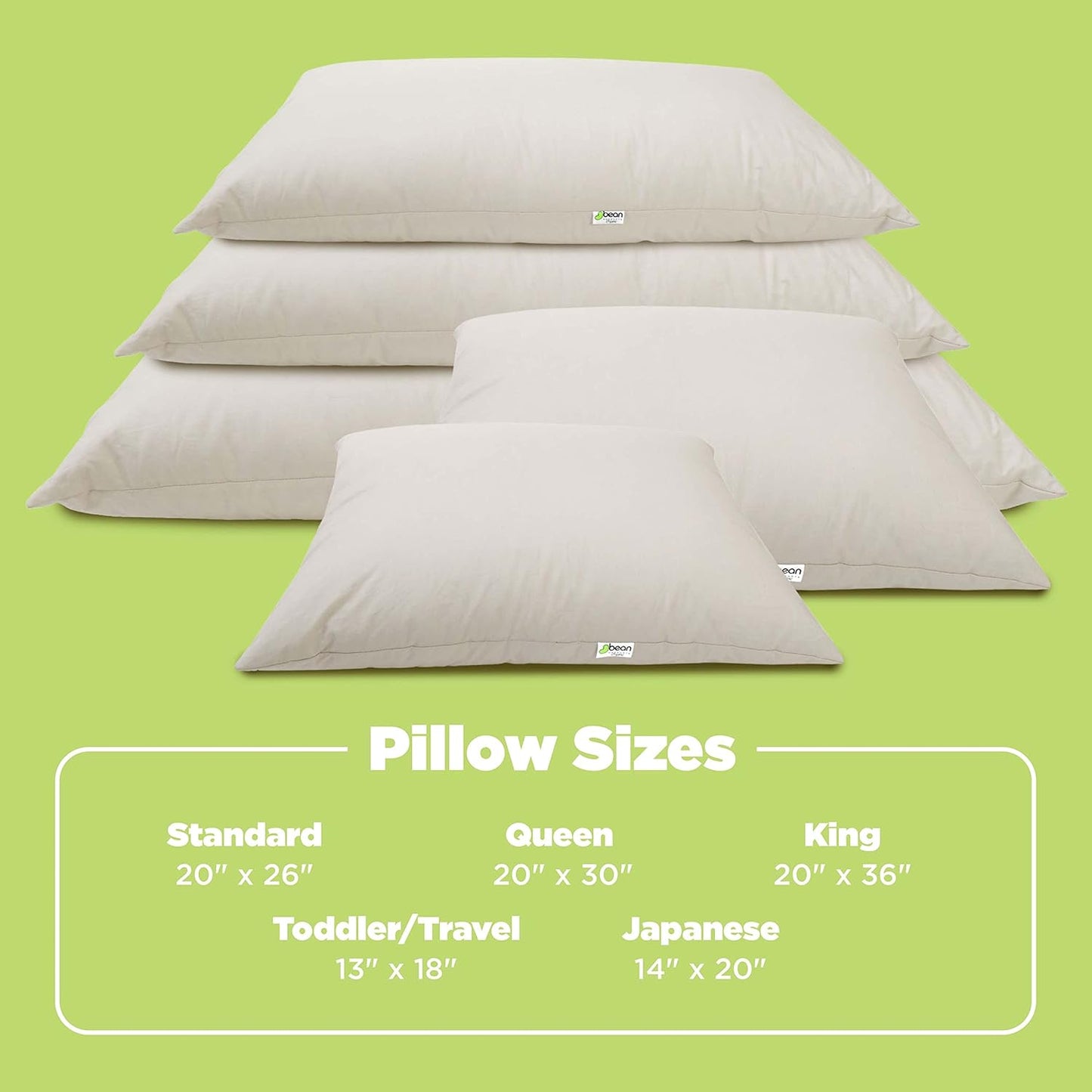 Bean Products Kapok 20" x 30" Queen Pillow - Breathable, Eco-Friendly and Durable Organic Cotton Fabric Bed Pillow - Soft and Supportive Pillow for Sleeping, Made in The USA