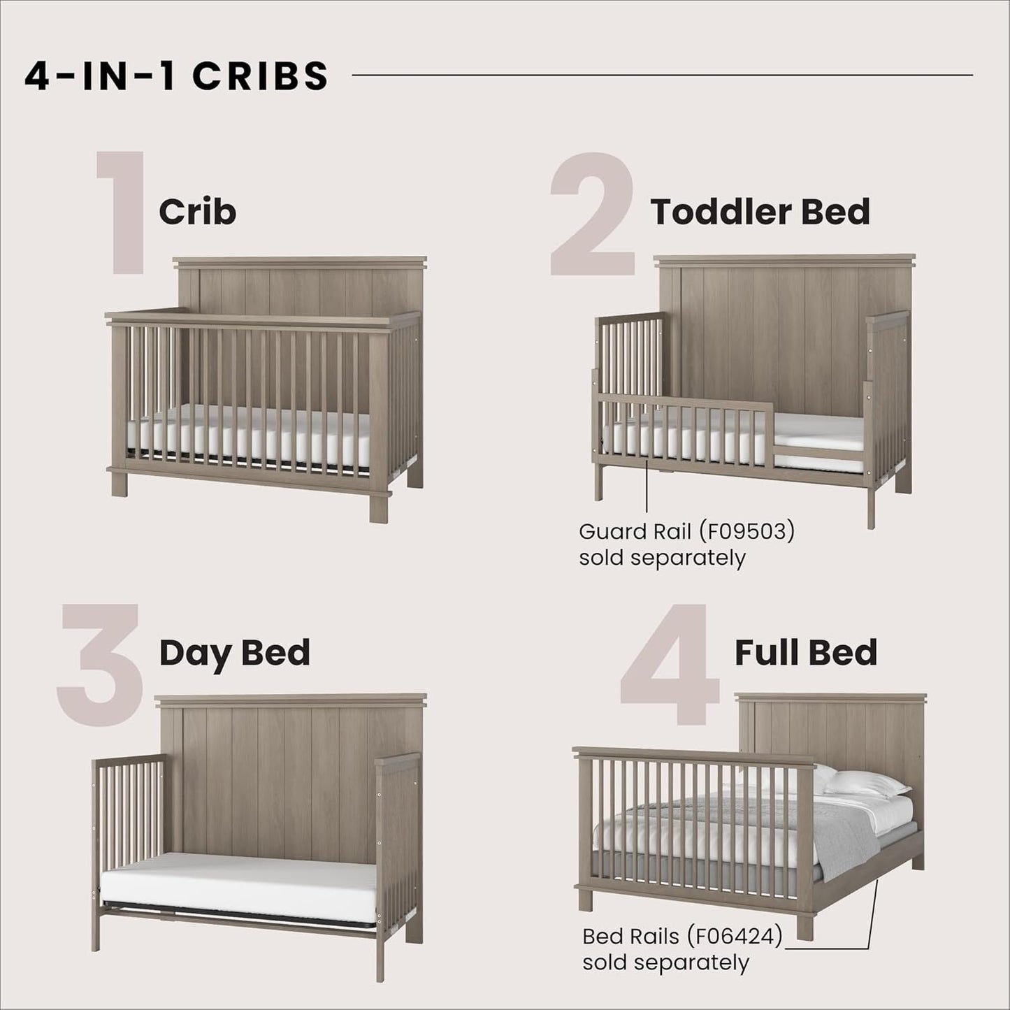 Child Craft Denman 4-in-1 Convertible Crib, Baby Crib Converts to Day Bed, Toddler Bed and Full Size Bed, 3 Adjustable Mattress Positions, Non-Toxic, Baby Safe Finish (Crescent Gray)