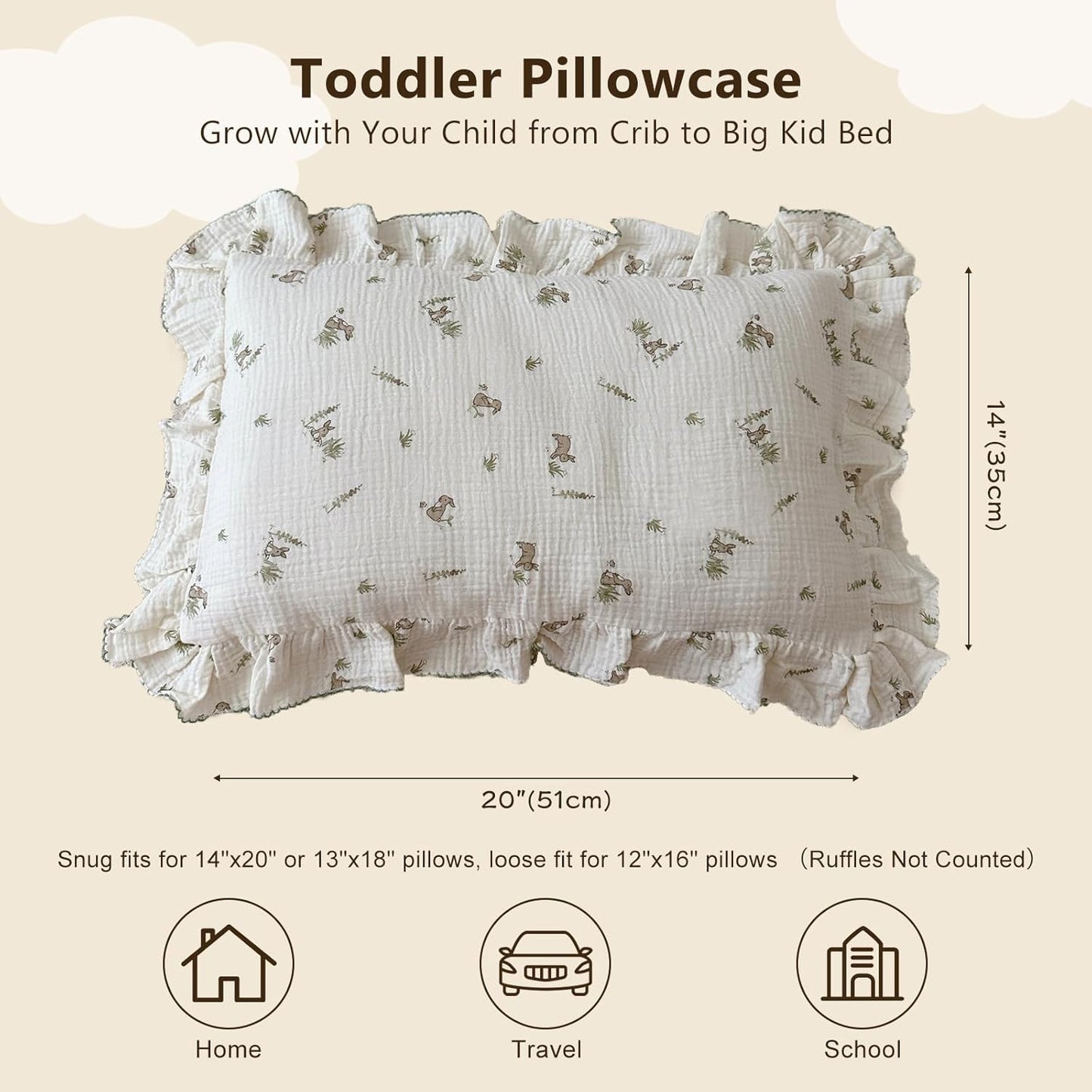 BuLuTu Muslin Toddler Pillowcase for Crib Cot Cradle, Soft Thin Kids Pillow Cover for Girls Boys, Children Pillow Cover for Sleeping with Cute Rabbit Print,14"x20", Envelope Closure