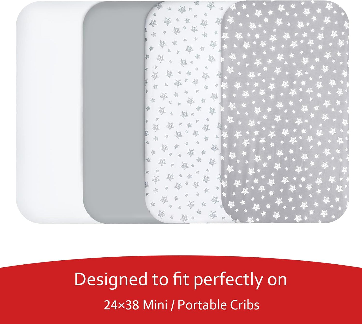 Mini Portable Crib Sheets 4 Pack for Boys or Girls (38" X 24"), Compatible with Dream on Me, Delta Porta Crib and Arms Reach Ideal Cosleeper, Grey