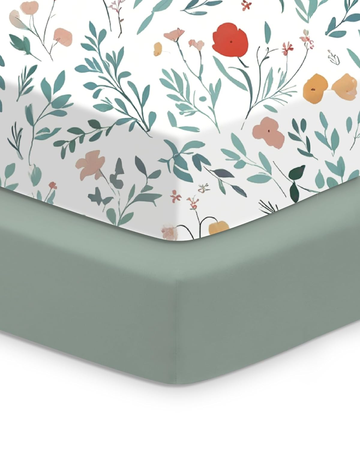 Baby Crib Sheets Boy Girl for Standard Crib Mattress - Soft Green Leaf+Flower, Ultra Soft Jersey Knit, Safe and Cozy, Fits 28''x52''x9'' Extra Deep Pocket