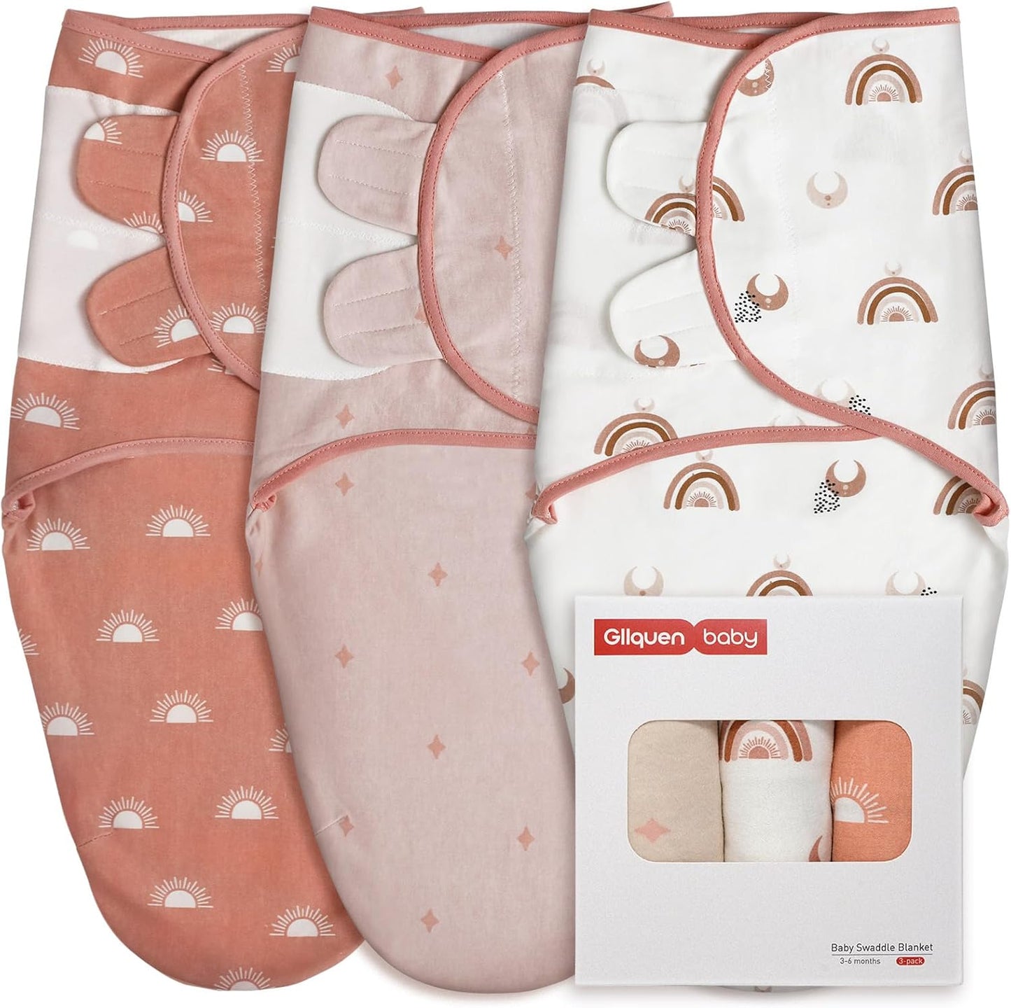 GLLQUEN BABY 3-Pack Baby Swaddle Sleep Sacks for Newborn - Baby Swaddles 3-6 Months, Infant Swaddling Sack, Rainbow & Sun, Newborn Swaddle Blanket Wrap(Medium/Large)