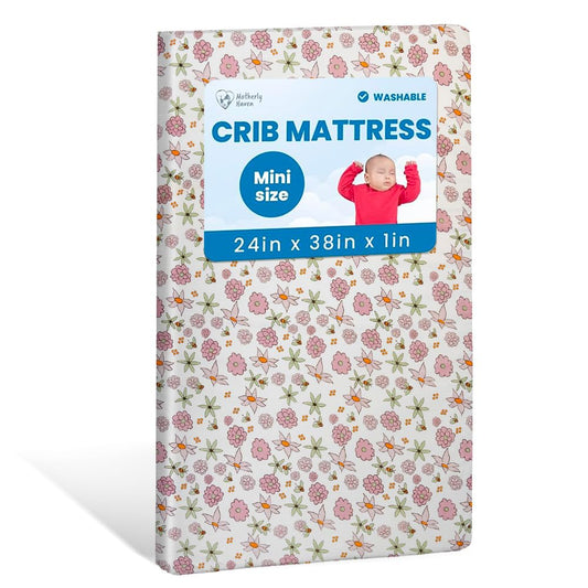 Breathable Crib Mattress, Washable High Rebound Foam for Baby Cribs, Fits Standard Toddler Beds, Mini Size (38" L x 24" W x 1" H), Flower Design