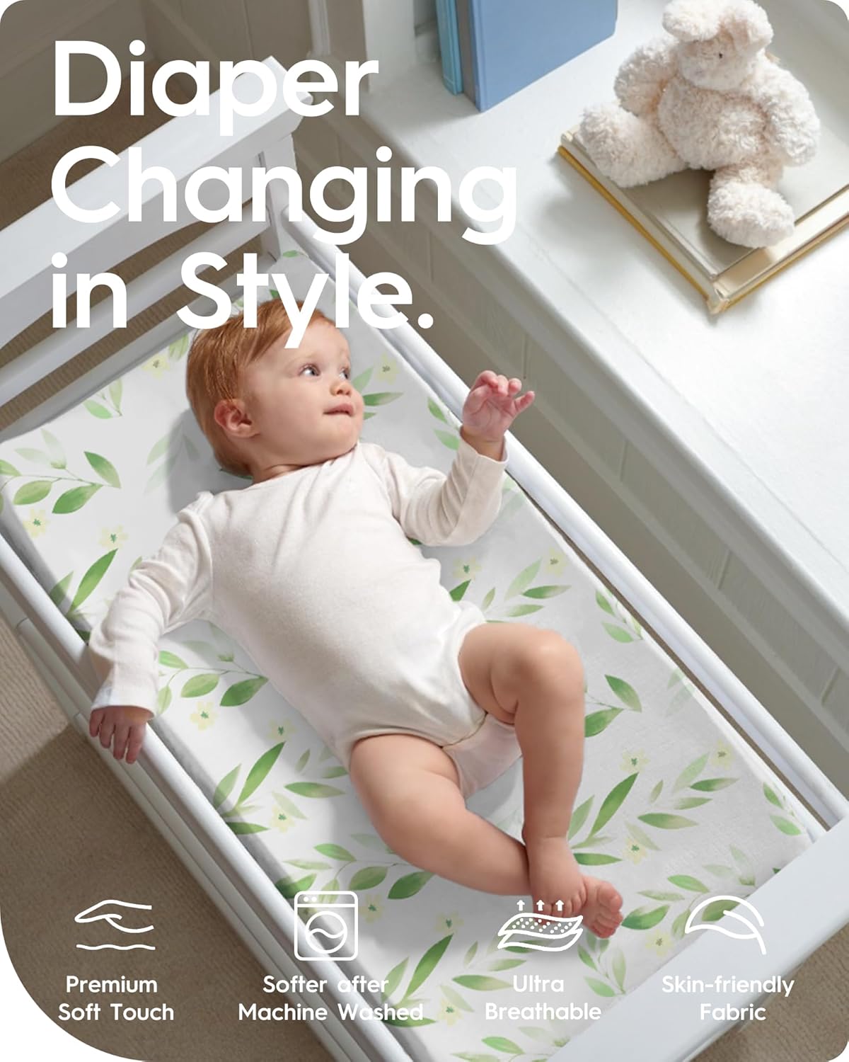 Changing Pad Cover for Girls Boys, TotBasic Premium Soft Boho Changing Table Covers, Stretchy Jersey Changing Table Sheets - Fits All Standard Changing Tables - 2 Pack (Sage Green&Botanical Leaf)