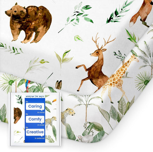 Pack N Play Sheets Fitted, TotBasic Ultra Soft Woodland Mini Crib Sheets, Premium Jersey Knit Pack and Play Sheets, Stretchy Neutral Play Yard Sheets for Pack and Play Mattress, 2 Pack (Animal Safari)