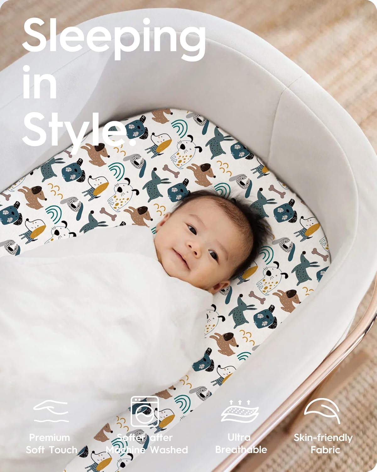 Bassinet Sheets for Baby Boy Girl, TotBasic Buttery Soft Universal Bassinet Fitted Sheet, Compatible with Halo, Mika Micky, Baby Delight, Dream On Me, Maxi COSI and More Bassinet Mattress(Dino&Puppy)