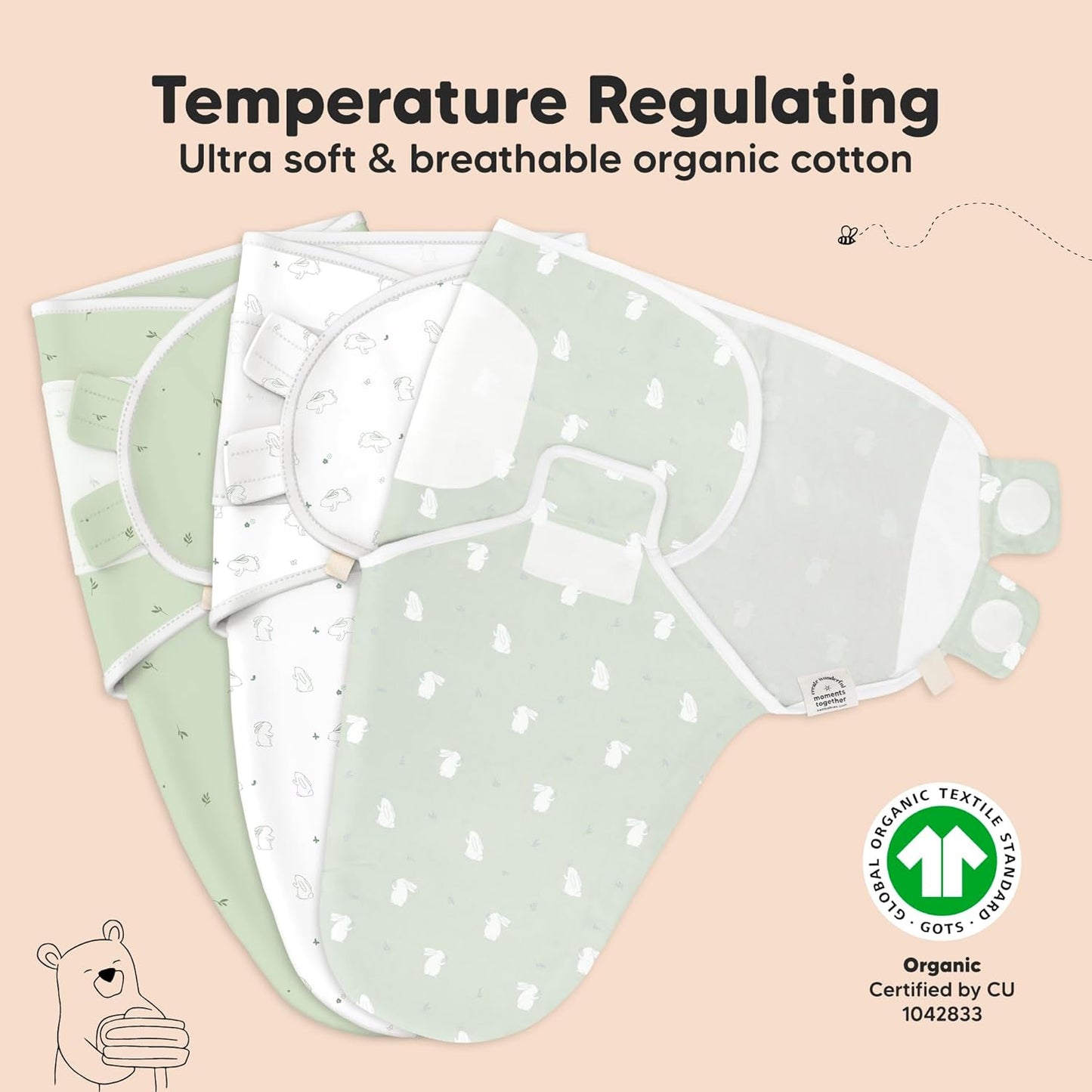 KeaBabies 3-Pack Organic Baby Swaddle Sleep Sacks - Swaddles for Newborns, Infant 0-3 Months, Baby Girls, Boys, Soft & Snug Newborn Sleep Sack, Nursery Swaddling Blankets (Bunnies, XS)