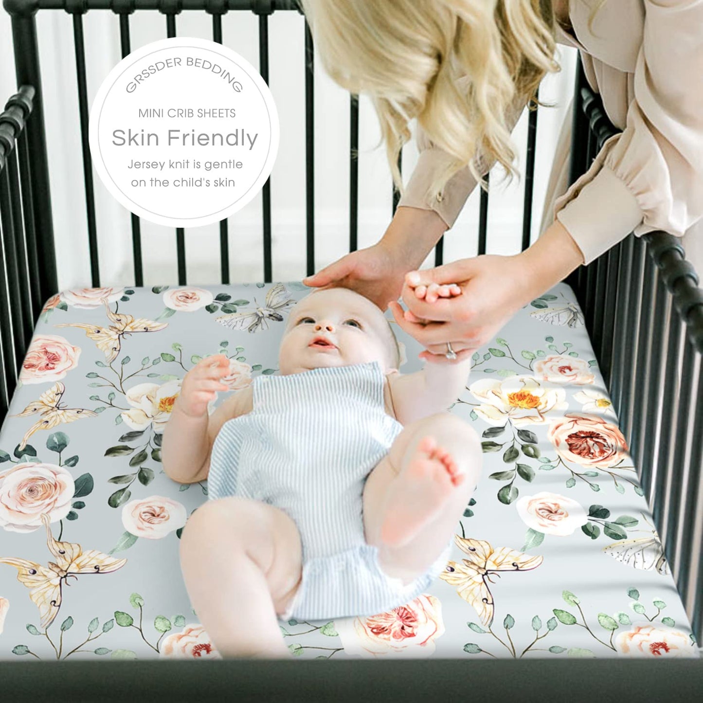 GRSSDER Stretchy Ultra Soft Jersey Knit Fitted Pack n Play Sheets Set 2 Pack, Portable/Mini Crib Sheets for Girls, Watercolor Flowers and Fruits