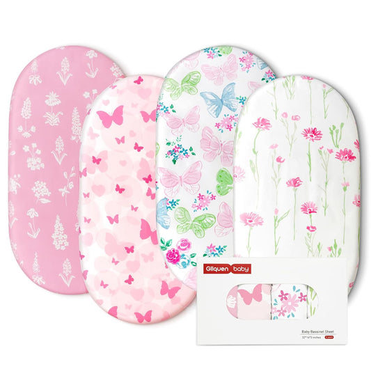 Gllquen Baby Bassinet Sheets 4 Pack, Breathable Cozy Fitted Mattress Sheet, Elastic Travel Crib Fashionable Floral Pattern, Standard Cradle Safe Sheets for Baby Boys Girls 32"x16" (Butterfly)