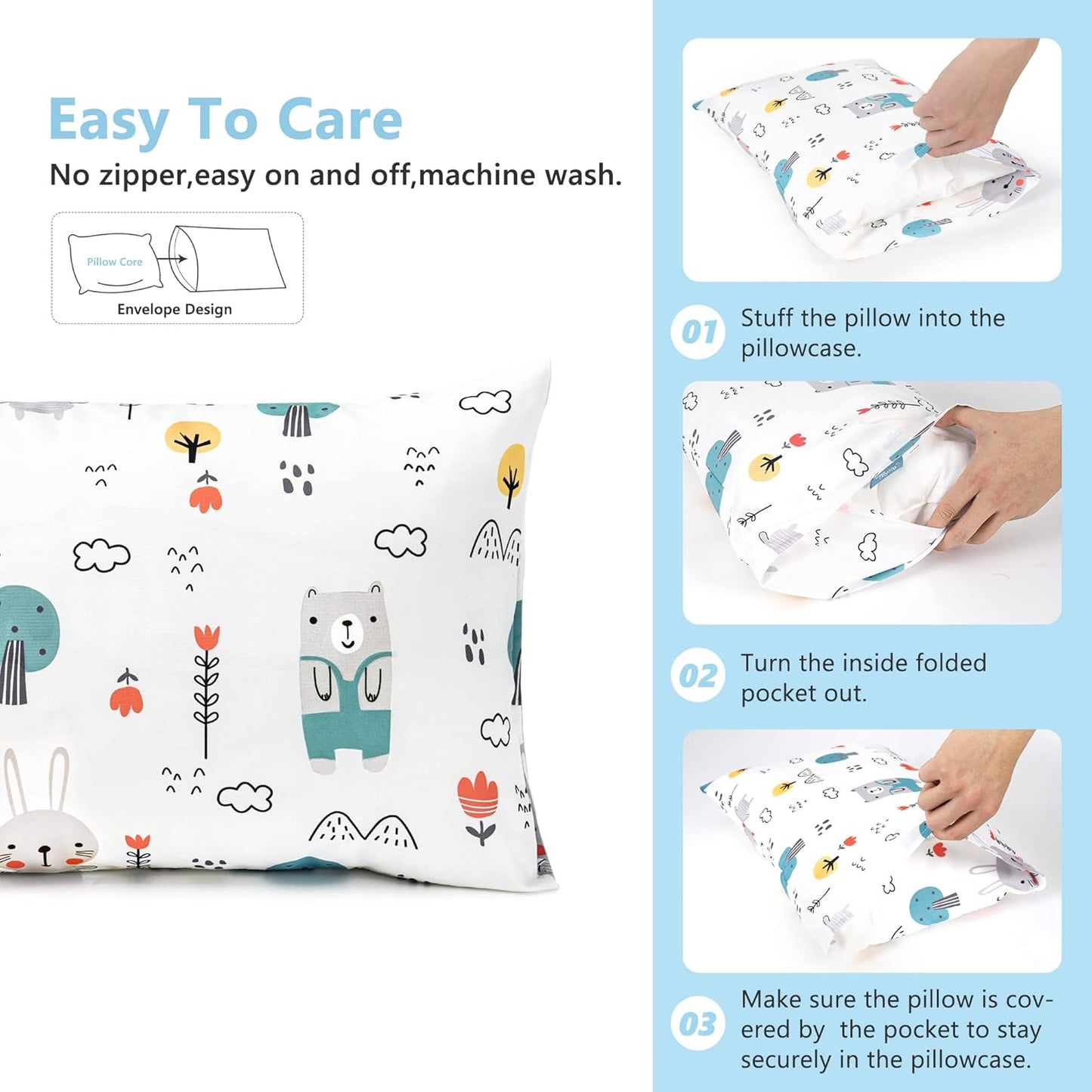 TILLYOU Toddler Pillowcase 2 Pack with Envelope Closure,Silky Soft Microfiber 13" x 18" Kids Travel Pillow Cases,Bib Bear & Colorful Love