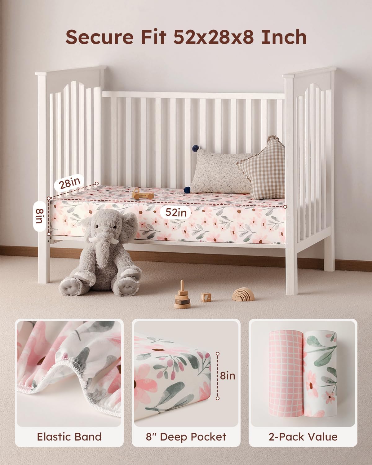 Yoofoss Crib Sheets Girl 2 Pack, 52x28 Fitted Baby Crib Sheet Fits for Standard Crib and Toddler Mattress, Ultra Soft Breathable Microfiber Pink Floral