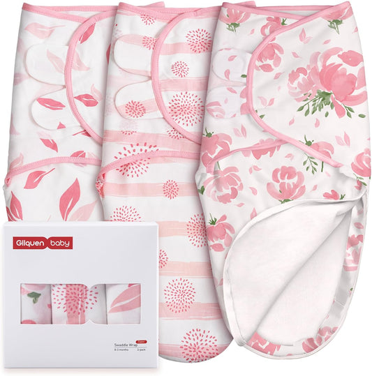 GLLQUEN BABY Baby Swaddle Sleep Sacks with Zipper - 3-Pack Newborn Swaddling Sack, Baby Swaddles Sleep Sack 0-3 Months,Pink Floral or Leaves, Swaddling Blankets 3 Pack Wrap Set, Easy Change Swaddle