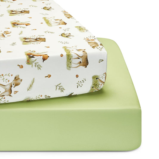 TILLYOU Baby Crib Sheets for Boys Girls, Super Soft Toddler Bed Sheets, 2 Pack Sheets for Standard Crib Mattress 28x52in, Playing in The Woods and Green