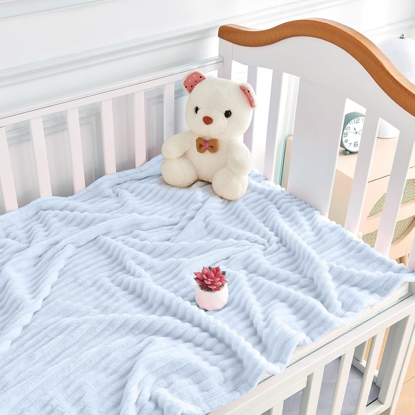 Soft Fleece Baby Blanket Ultra Cozy Blue Baby Blankets for Boys Warm and Lightweight Infant Toddler Newborn Receiving Gift with Reversible Stripes for Crib Stroller, 30x40 Inch, Light Blue