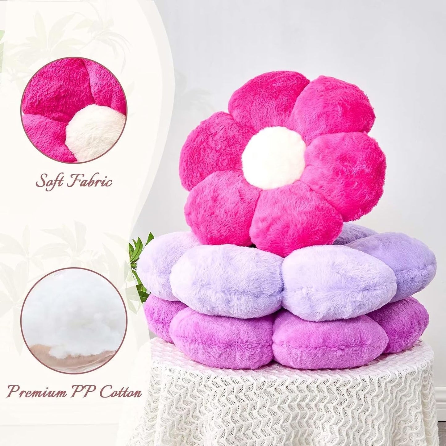 Purple Flower Pillow - Cute Decorative Throw Pillow Shaped Like a Flower, 14.9" Soft Plush Faux Rabbit Fur Cover for Bedroom Living Room