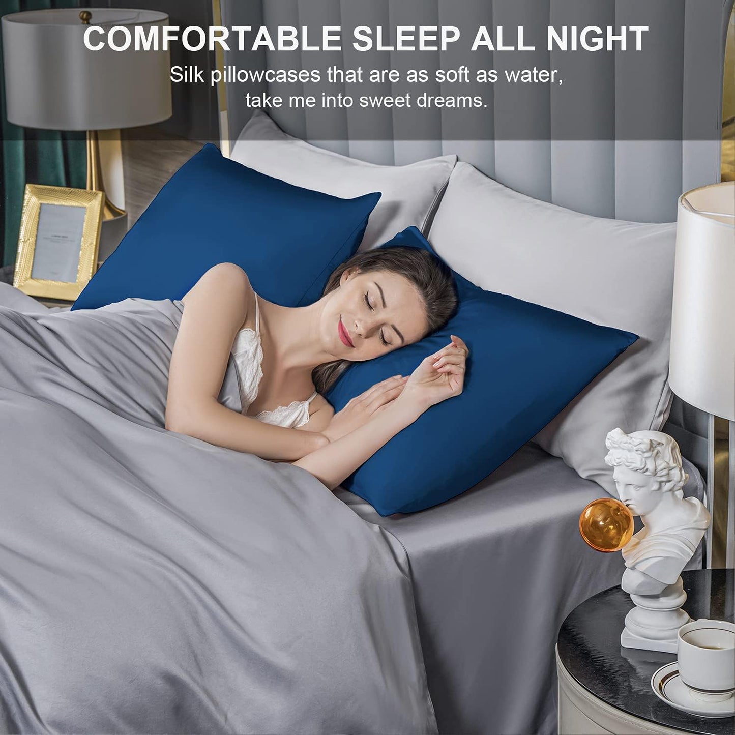 Mulberry Silk Pillowcase for Hair and Skin,King Size Cooling Silk Pillow Case with Hidden Zipper,Allergen Proof Dual Sides Soft Breathable Smooth Silk Pillow Cover for Women(King,Gem Blue)