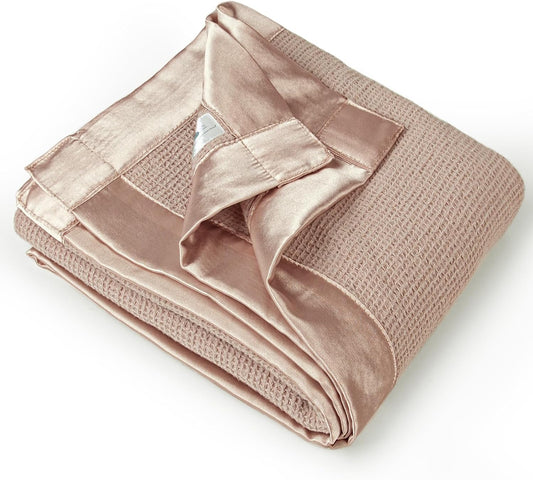lulumoon Swaddle Baby Blanket: Waffle Blanket with Satin Trim - Breathable Toddler Blankets Perfect for Nursing Cover and Playtime - Cotton Crib Quilt for Daytime Naps 40"x36"(Dusty Rose)