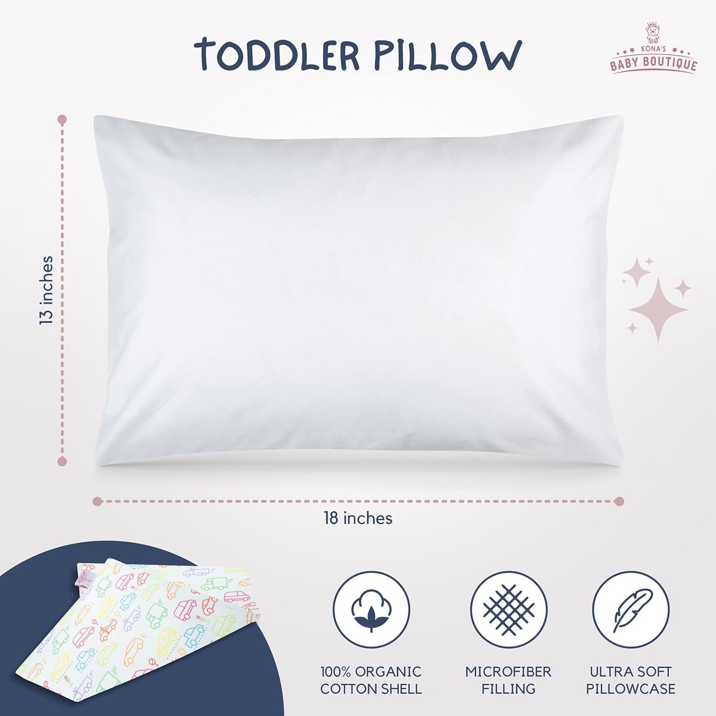Kona's Perfect Toddler Pillow - Softest Pillowcase, 13 x 18 inch, Ages 2-3