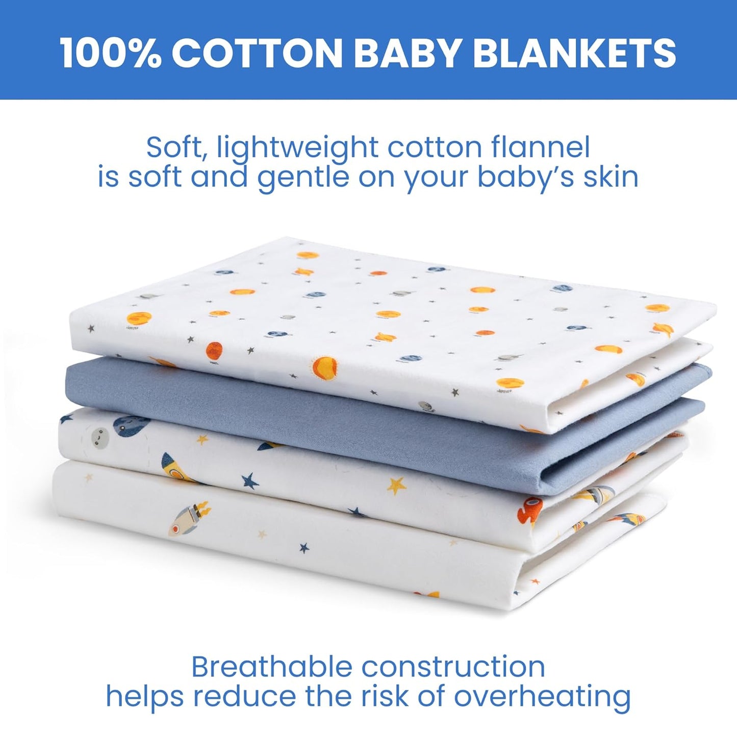 Delta Children 100% Cotton Flannel Baby Receiving Blankets for Girls and Boys – 30x30 Inches (Pack of 4), Space Exploration