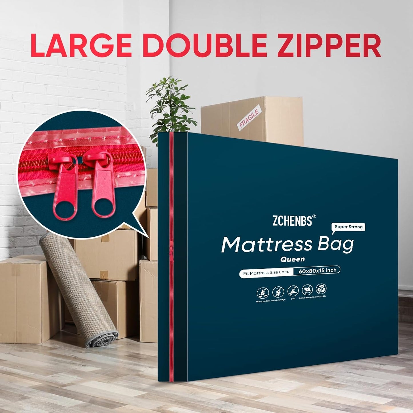 ZCHENBS® – Mattress Bags for Moving and Storage,Mattress Bag with Zippers,5 Mil Ultra-Thick Bed Bag,Waterproof,Anti-Tear,Heavy-Duty Mattress bag (Black, Queen-(2 Pack))
