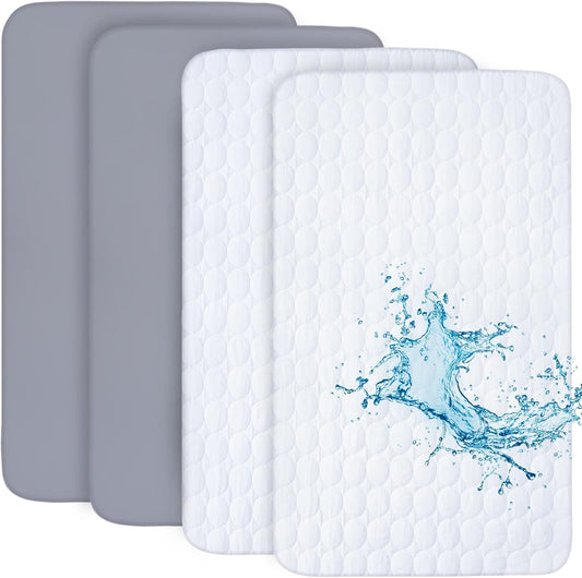 Crib Sheets and Waterproof Crib Mattress Protector 4 Pack Set,Waterproof Crib Sheets Mattress Pad Cover for Baby Boys and Girls, Grey