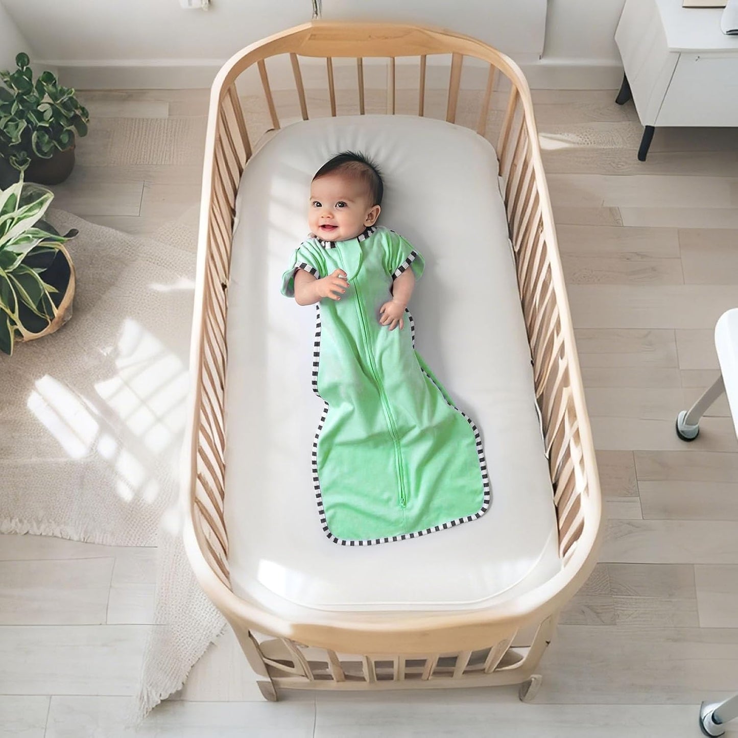 Transition Swaddle, 2 Pack 100% Cotton Baby Sleep Sack, 2-Way Zipper Infant Arm Up Swaddle for Newborn Baby Boys Girls (Green + Grey, S(0-3 Months))