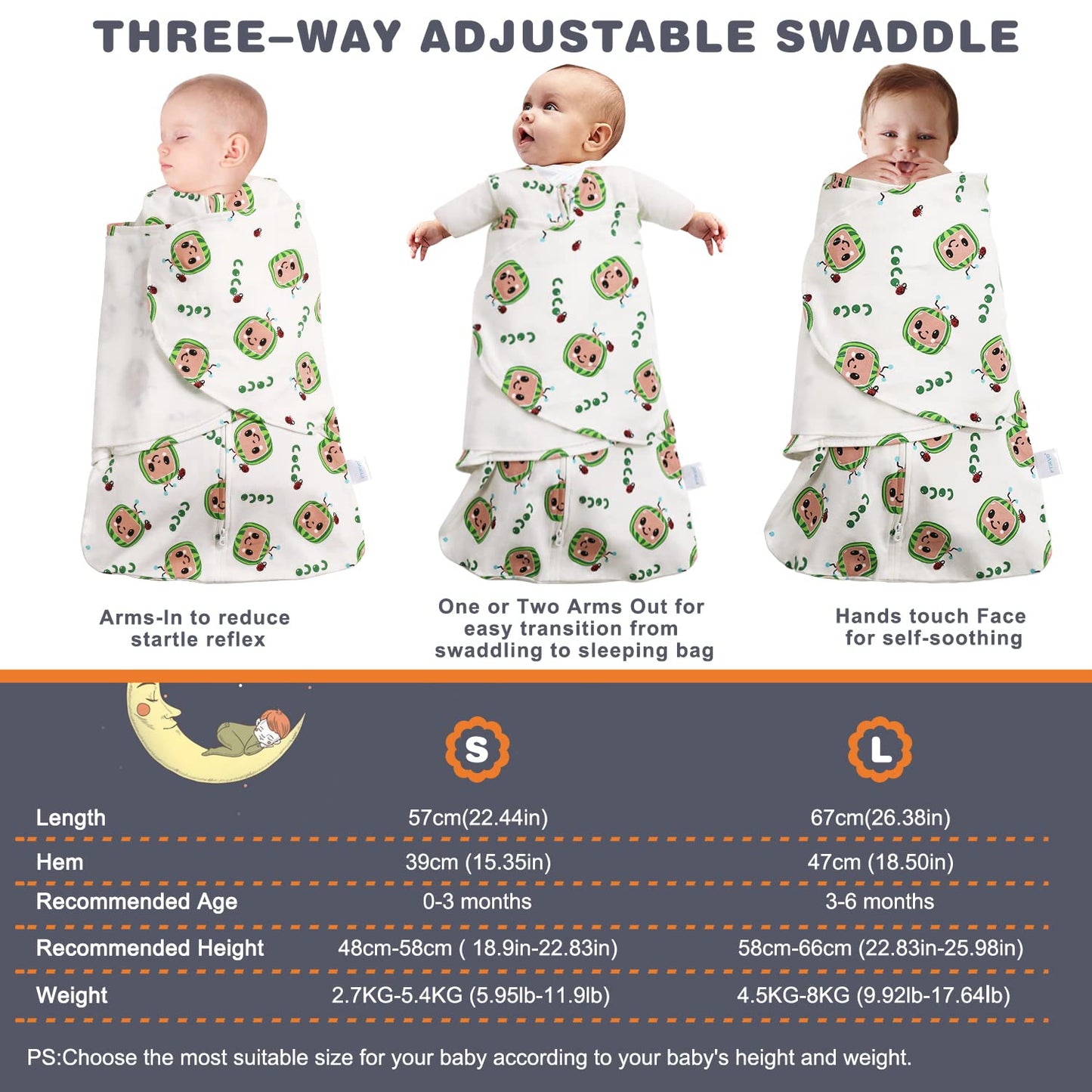 Swaddle-Blanket Baby Girl & Boy Swaddles Newborn Infant Transition 100% Cotton Wrap Blankets, 3-Way Adjustable Wearable Blanket, TOG 1.0 (Watermelon 0-3 Month)