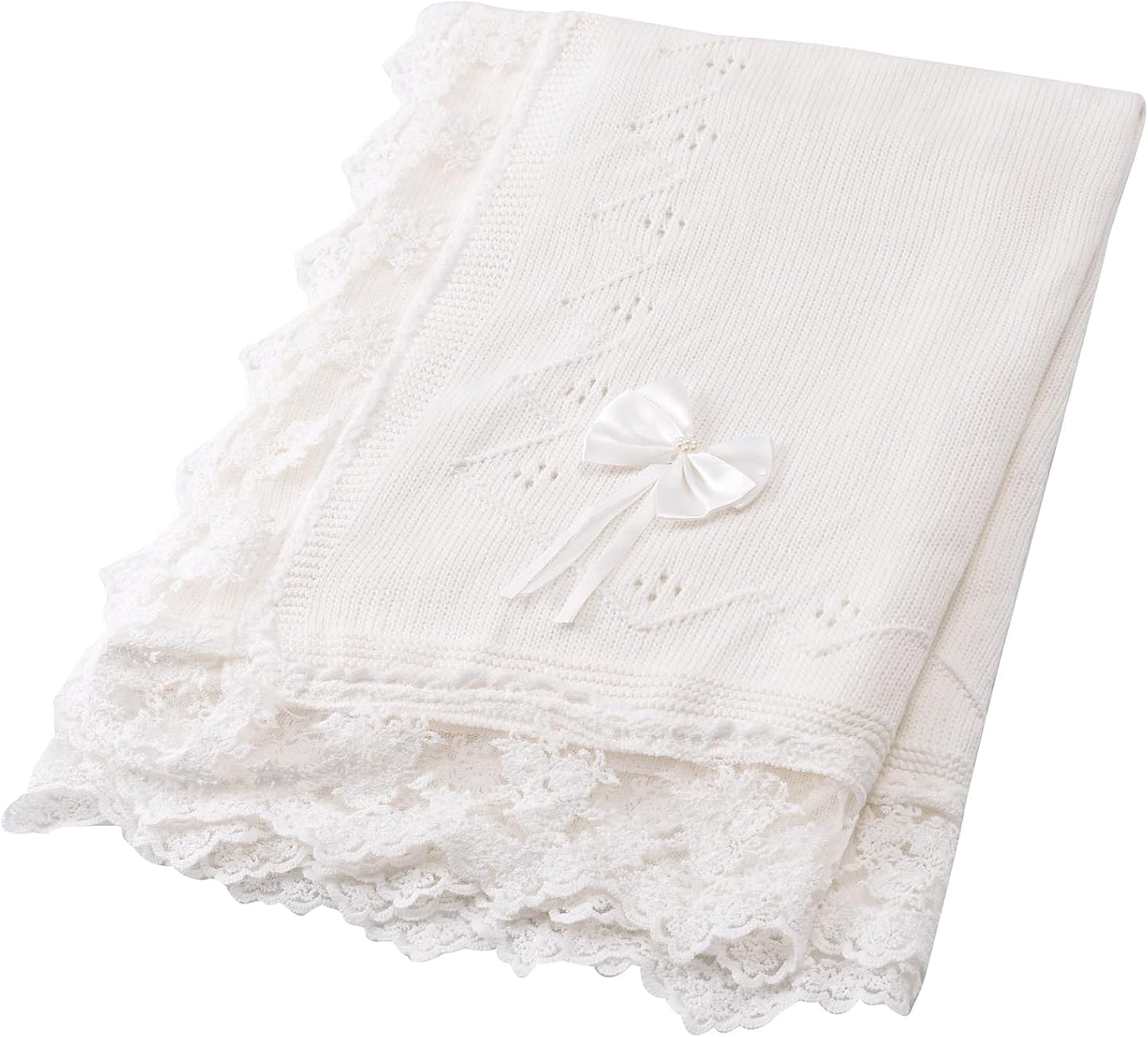 Booulfi Baby Blanket for Girls Boys Swaddles for Newborns Receiving Blankets Neutral Baptism Christening Knit White Baby Blanket Small Baby Crib Blanket, 37x42