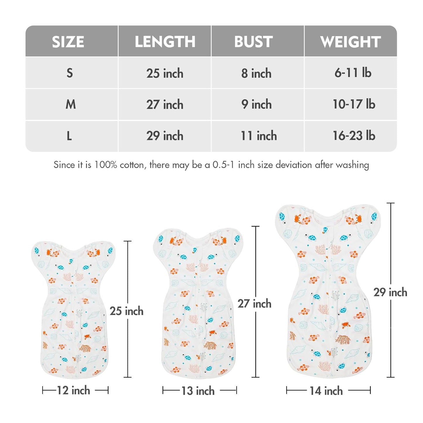 Baby Transitional Swaddle Sleep Sack - Swaddles for Newborns, Cuff Removable Arms Up Design, Free Wearable Blankets with 2-Way Zipper, Underwater World (3-6 Month)