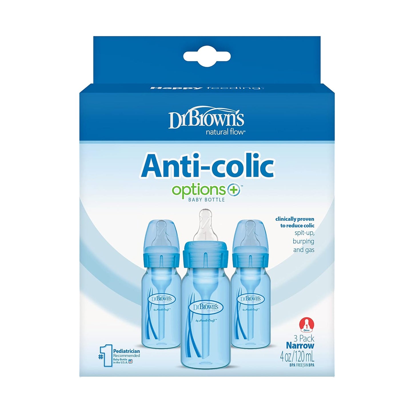 Dr. Brown’s Natural Flow® Anti-Colic Options+™ Narrow Baby Bottles 4 oz/120 mL, with Level 1 Slow Flow Nipple, 3 Pack, 0m+ Blue