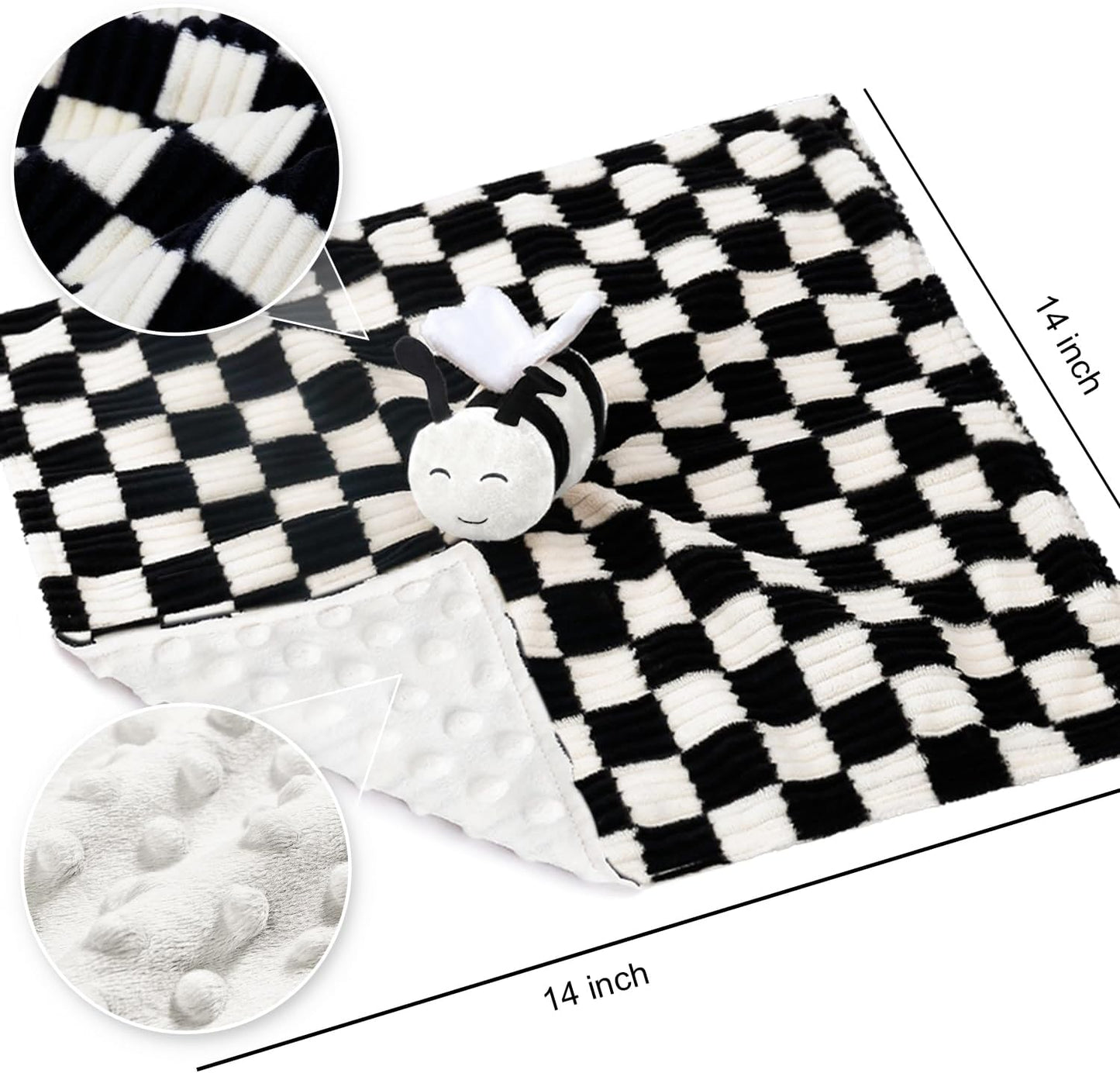 High Contrast Baby Security Blanket for Boys Girls 3D Soft Checkerboard Gingham with Minky Dot Fabric Backing Bee Snuggle Stuffed Animal Lovely Black 14 Inch