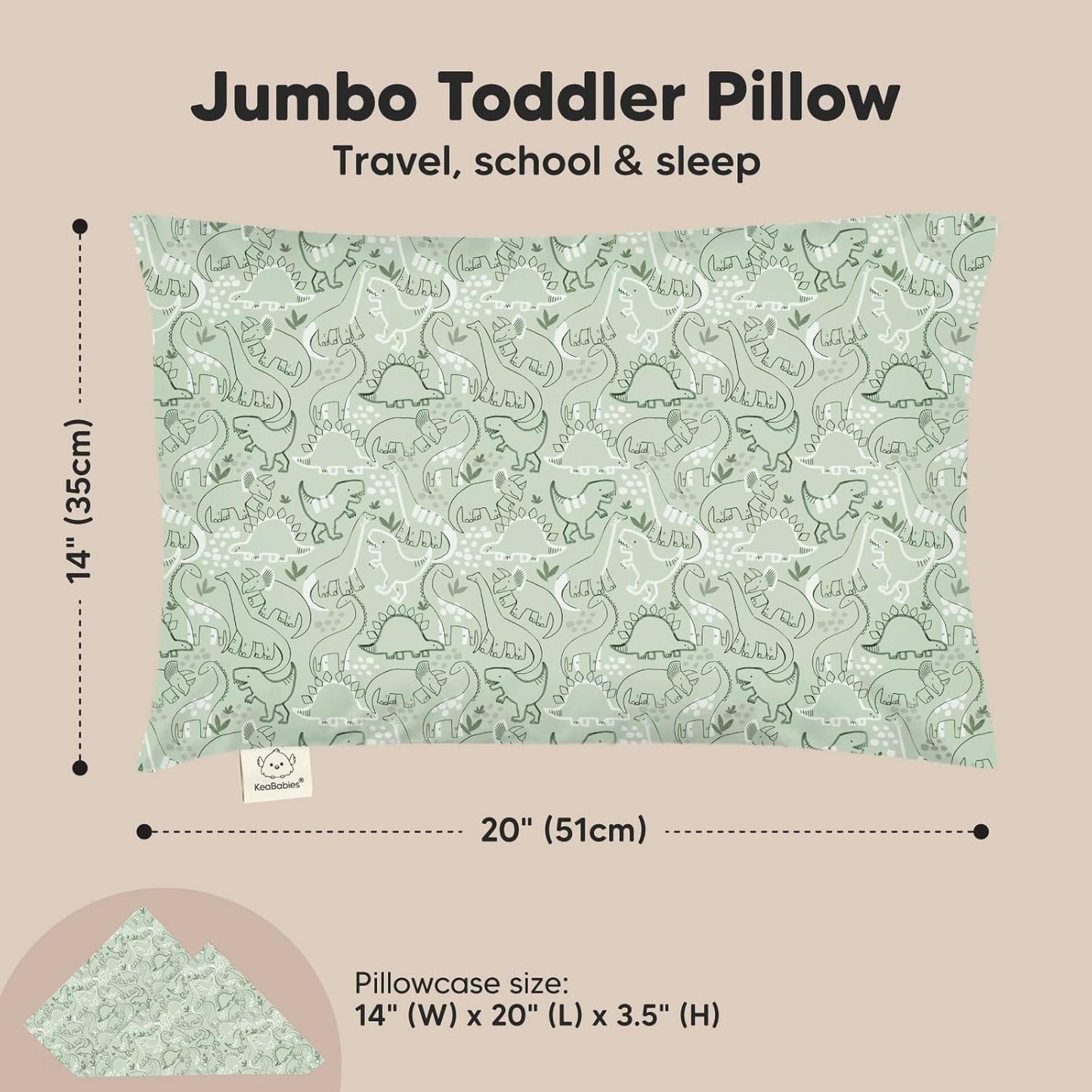 KeaBabies Toddler Pillow with Pillowcase, Jumbo 14X20 - Soft Organic Cotton Toddler Pillows for Sleeping - Machine Washable - Perfect for Travel, Toddler Bed Set (DinoDood)