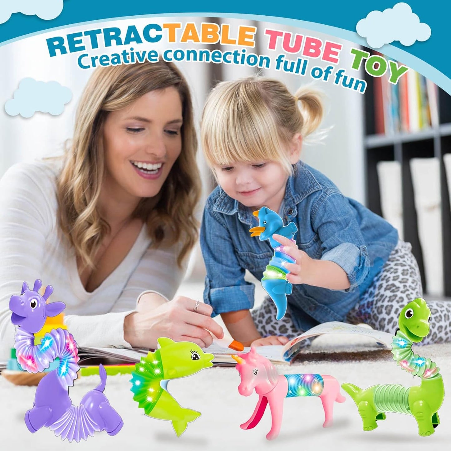 10 Pack Pop Tubes,Dog pop Tubes, Animal pop Tubes Fidget Toys,Sensory Tubes Fidget Toys for Kids ,Toddler Sensory Toys,Fidget Tubes Party Favors,School Reward,Gift for Kids(LED Style)