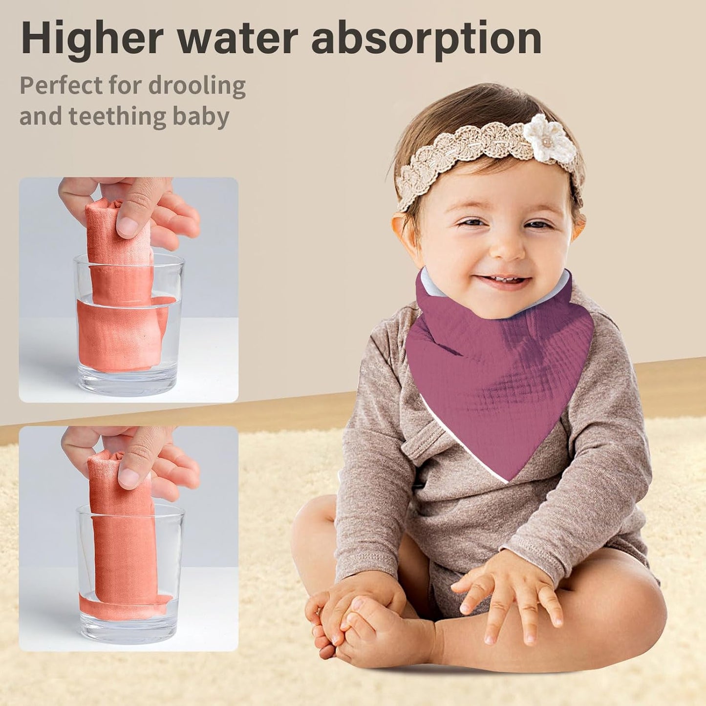 Muslin Baby Bibs,Soft Triangular Baby Bandana Drool Bibs for Baby Boy Girl,Solid Colors Bib for Drooling Teething