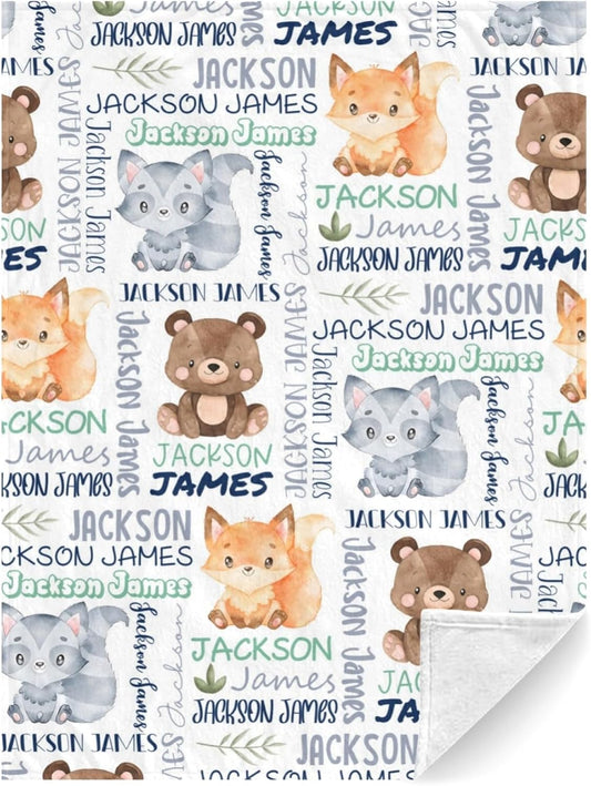 Personalized Woodland Animals Blanket - Custom with Name, Swaddle for Toddlers & Newborns