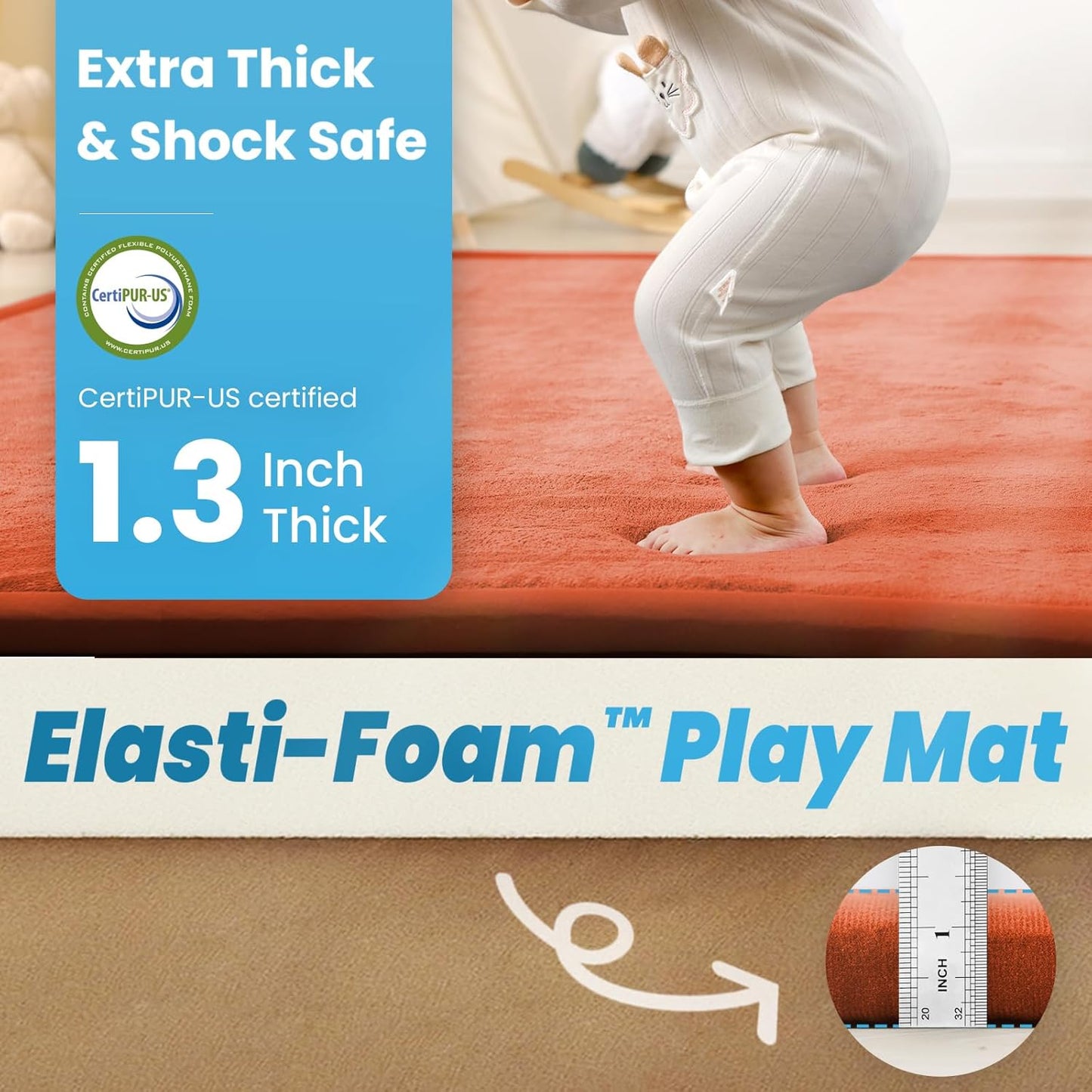 1.3" Thick Baby Play Mat,Ultra Soft Elasti-Foam 50×50 Playpen Mat for Tummy Time,Water-Repellent Coral Fleece Nursery Rug for Infants,Toddlers,Kids,Non-Slip Safe for Crawling(Brick)