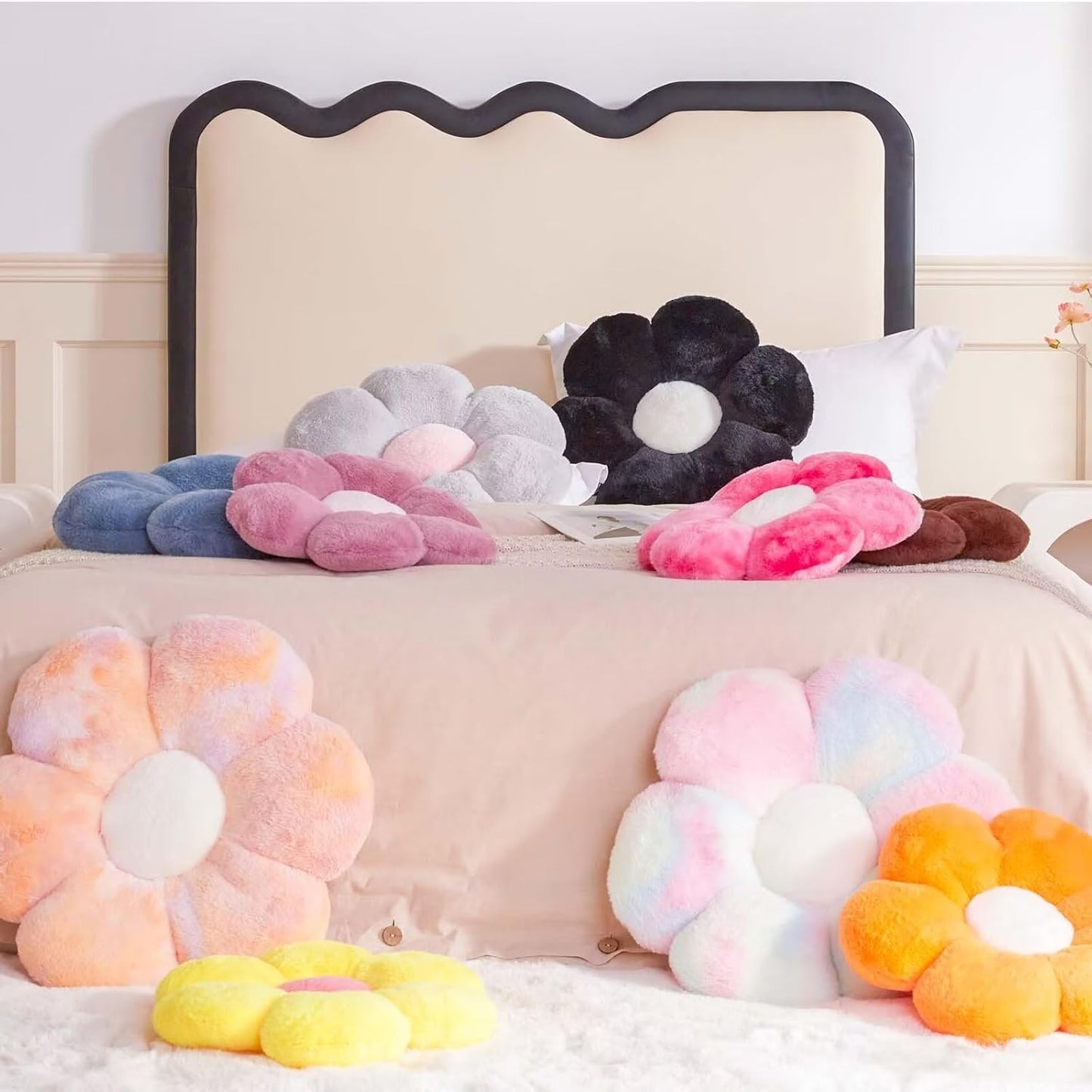 Rainbow Pink Flower Pillow, Cute Decorative Flower Shaped Throw Pillow with Faux Rabbit Fur, 19.6" Soft Flower Plush Throw Pillow Floor Pillows Room Décor for Bedroom Living Room