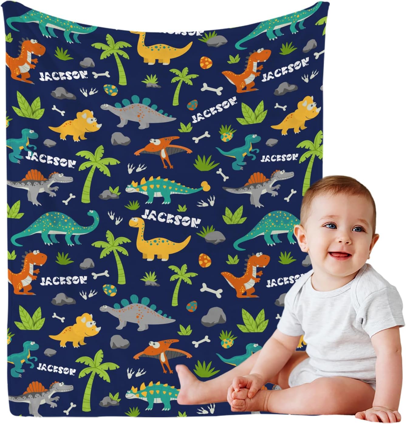 Personalized Dinasour Name Baby Blanket, Custom Cute Alphabet Name Blanket Toddler Boy Soft Flannne Swaddling Blankets Customized Monogram Memorial Gift from Nana for Infant Newborn Shower